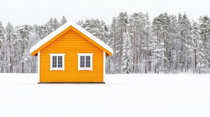 Bright Yellow House in Winter Landscape Surrounded by Snow and Pine Trees