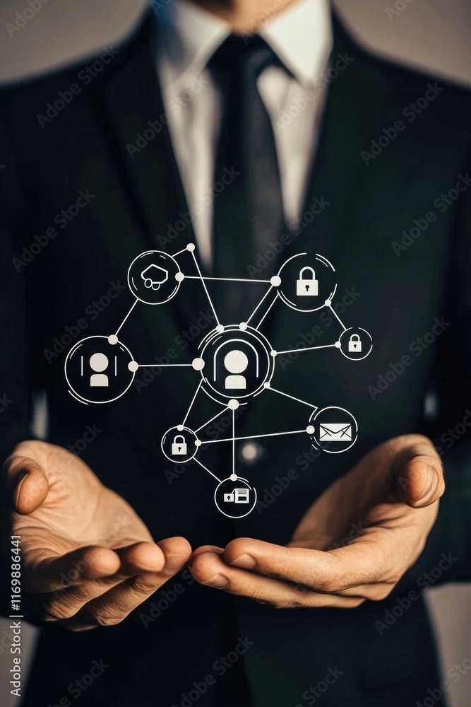 Poster businessman with hand on digital network of icons representing connectivity and data management.