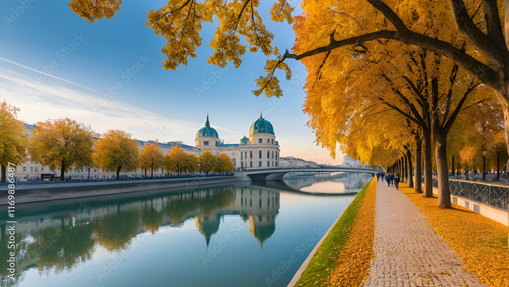 Wall mural vienna, austria - 17 oct 2019: donaukanal embankment panorama in autumn. urania observatory beautiful architecture and trees in fall season at sunset. urban scenery near aspernbrucke in evening light