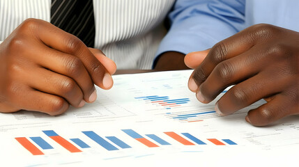 Two hands reviewing financial documents with bar graphs and charts; business analysis concept.
