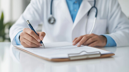 Close-up of doctor's hands writing medical prescription