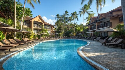 luxurious umbrella and chair arrangement around sparkling outdoor swimming pool of resort