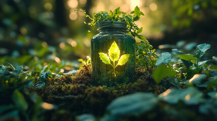 A closeup of a glowing green battery surrounded by nature symbolizing the connection between technology and ecology highlighting the importance of sustainable energy in preserving the environment

