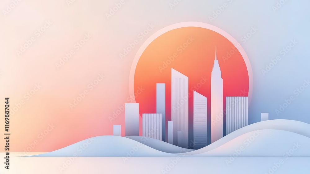 Poster modern urban landscape with abstract building shapes and soft color gradient background