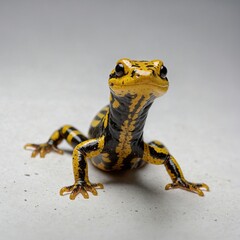 "A yellow and black striped salamander in a playful pose, white background."