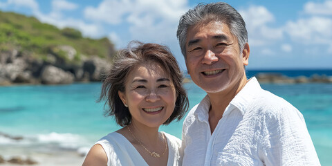 Obraz premium Portrait of a happy senior Asian couple smiling and looking at the sea on the beach, generative AI