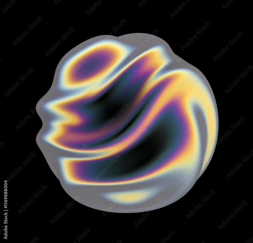 Poster Abstract futuristic 3D illustration of a amorphous sphere in holographic iridescent colors made and chrome plated material. An image on the theme of biotechnology and molecular physics.