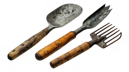 [Antique metal kitchen utensils collection display] Antique Kitchen Utensils Collection: Vintage Metal Spoon Fork Shovels Displayed on Dark Background