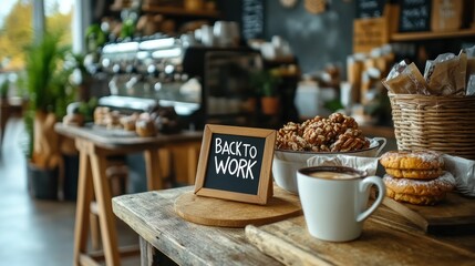 Cozy cafe interior with coffee, pastries, and a "Back to Work" sign on a rustic wooden table.