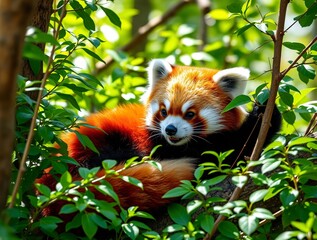 Bright and playful red panda resting in a forested habitat