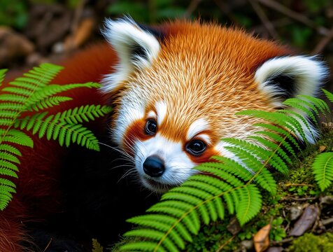 Bright and playful red panda resting in a forested habitat