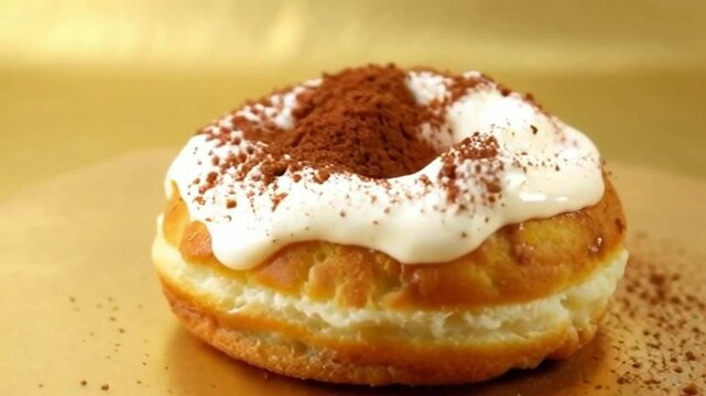 Cinnamon cocoa cronut with vanilla icing, cinnamon, and cocoa powder, highlighted by golden lighting for a cozy indulgent effect