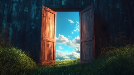 Wooden Door Opens To A Sunny Sky And Green Field