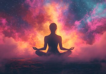 Woman Meditates Amidst Vibrant Cosmic Cloudscape