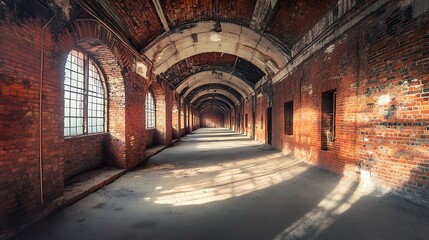 Fototapeta premium Sunlit Ruins: Exploring the Abandoned Brick Corridor