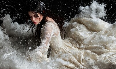 Obraz premium Woman in white gown, surrounded by snow, dramatic pose.