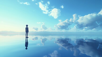 A person standing at the edge of a calm ocean, contemplating the horizon, symbolizing the pursuit of clarity and direction in life’s journey 