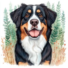 Happy Bernese Mountain Dog with Green Foliage Background