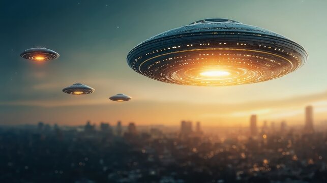 Mysterious ufo fleet descends over futuristic cityscape at sunset sci-fi imagery urban environment aerial perspective