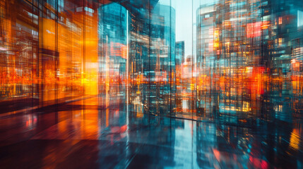 Abstract Cityscape with Vibrant neon light colorful Glass building, glass office or construction buildings and casting colorful reflections, cityscape at dawn with various glass covered building.