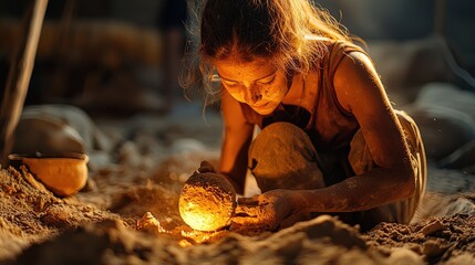Unearthing a glowing artifact during an archaeological excavation ancient site visual discovery dimly lit environment close-up perspective enigmatic relic