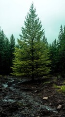 Fototapeta premium Majestic Pine Tree in Forest Mud Path Nature Scene