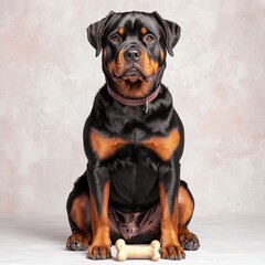 Obraz premium Regal Rottweiler Sitting Proudly with a Bone on Neutral Background
