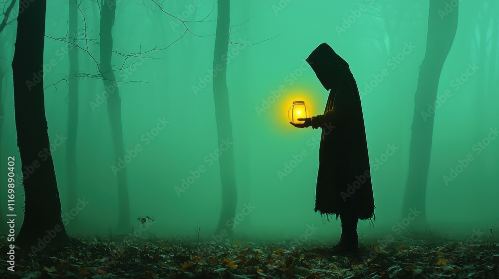 Poster A mysterious figure holding a glowing orb in a foggy forest enigmatic scene digital art ethereal environment captured from a low angle concept of mystery and magic