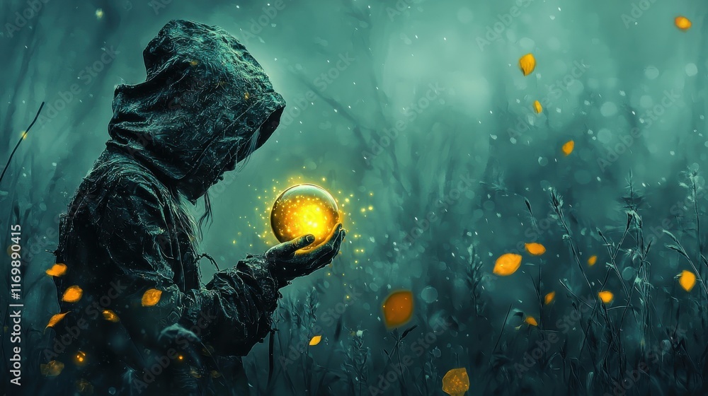 Poster mysterious figure holding a glowing orb in a foggy landscape enigmatic scene surreal photography eth