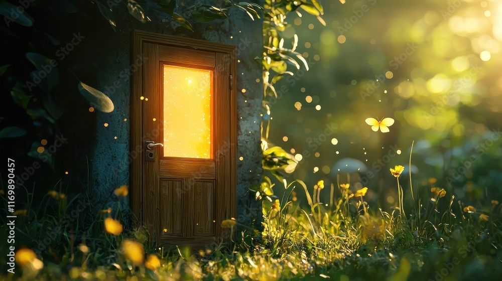 Aufkleber mysterious glowing door appears in standard environment enigmatic portal nature setting surreal conc