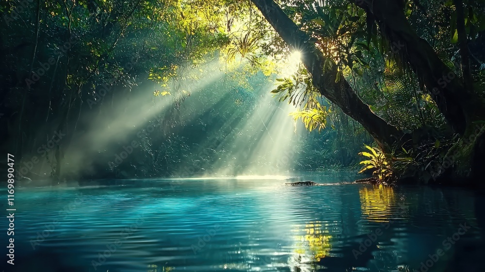 Poster exploring the mysteries of a glowing lake in a dense jungle an enigmatic nature phenomenon revealed