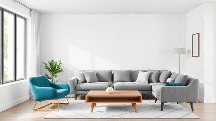 Modern living room design with a neutral color palette, featuring a plush gray sofa, wooden coffee table, and a pop of color with a teal accent chair, teal, color