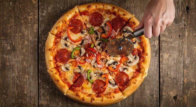 Hand slicing freshly baked pepperoni pizza with veggie toppings on rustic wooden table - Powered by Adobe