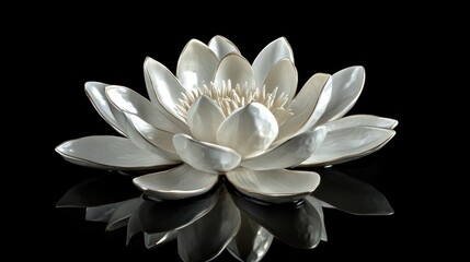 Elegant white lotus flower with gold accents, reflected on a black surface.