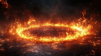 Fiery ring of flames on dark ground, smoky atmosphere.