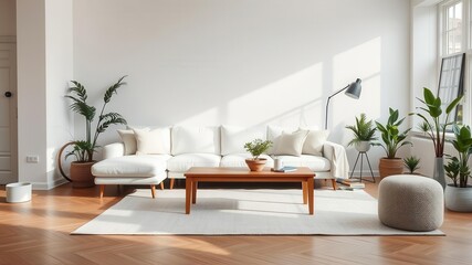 Modern living room with a minimalist Scandinavian design featuring a white sofa, wooden coffee table, indoor plants, and neutral decor elements, minimalist, white
