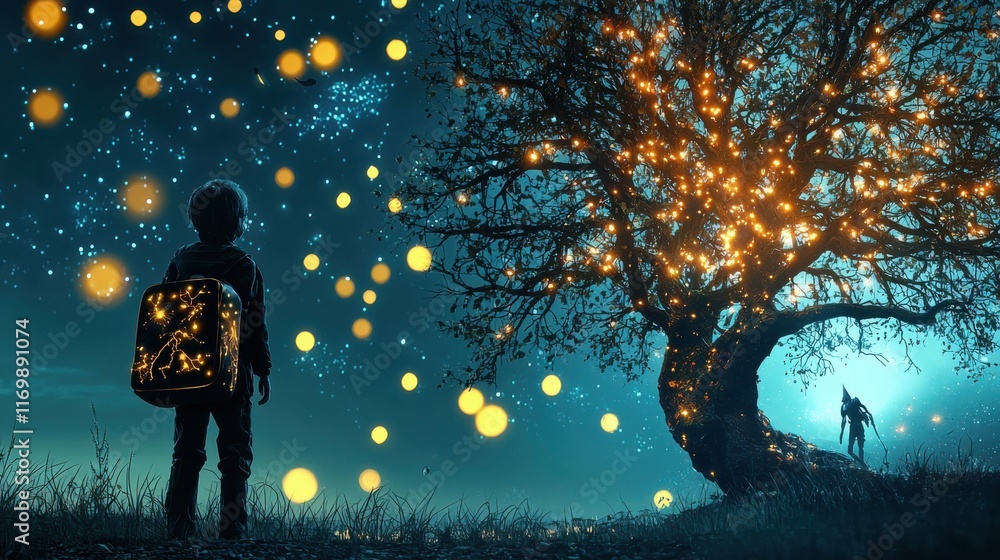 Aufkleber Illuminating mystique a surreal glowing tree encounter in a dark forest setting ethereal experience enchanting perspective