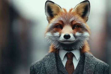Obraz premium A humorous and surreal image of a red fox dressed up in a suit and tie, creating an amusing and unexpected scene.
