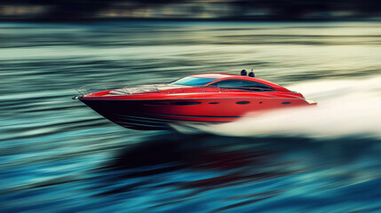luxurious red boat speeding through water, creating dynamic waves and showcasing its sleek design. scene captures thrill of speed and elegance on water