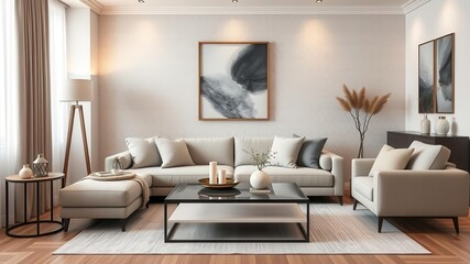 Modern living room decor with a neutral color palette of beige, grey, and white, featuring a cozy sofa, elegant coffee table, and stylish wall art, grey, modern