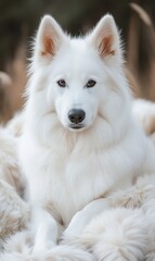 Obraz premium White dog, resting on a soft blanket, portrait.