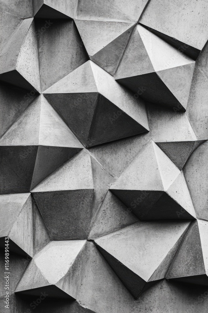 Poster the image is a black and white photograph of a wall with a pattern of triangles. the wall appears to