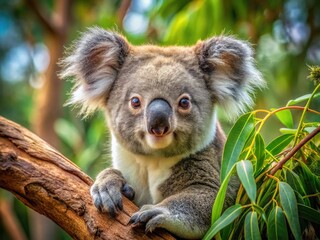 Fototapeta premium Close-up koala portrait, nestled in eucalyptus leaves, showcasing Australian wildlife.