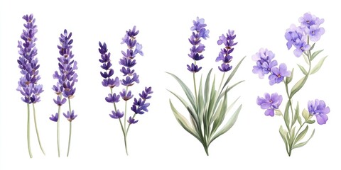 Naklejka premium A line of purple lavender flowers in a botanical style, with detailed petals and green leaves. Ideal for nature enthusiasts or those seeking garden decoration illustrations.