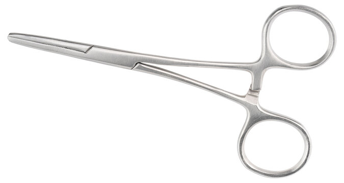 Forceps tool. Kelly forceps scissors. Stainless steel hemostatic forceps surgical forceps with locking clamps. Fishing pliers curved, straight tip. Fishing hook extractor. Medical instrument, supply