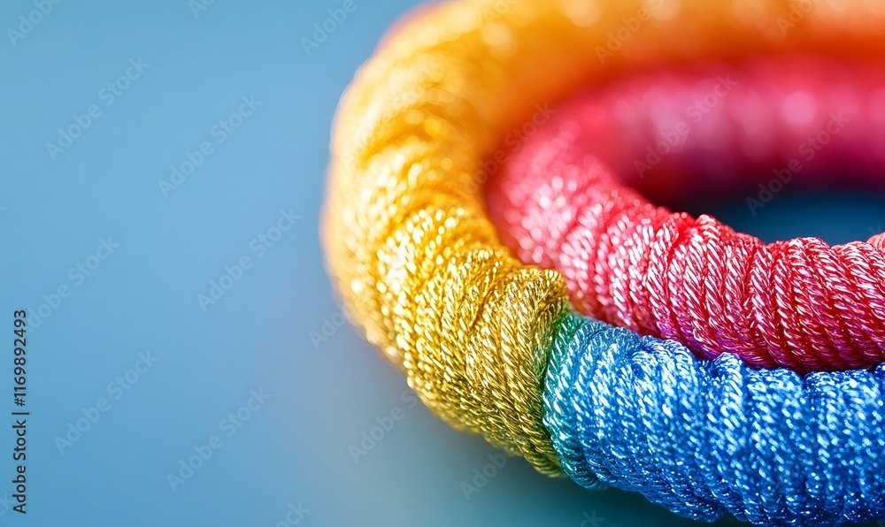 Poster close-up of colorful, sparkly threads in a circular arrangement.