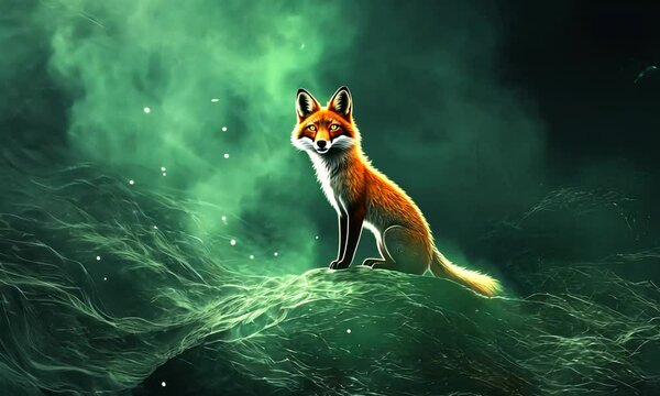 Enchanted Fox in Mystical Green Landscape: A Digital Painting of a Majestic Creature in a Dreamlike Setting - Powered by Adobe