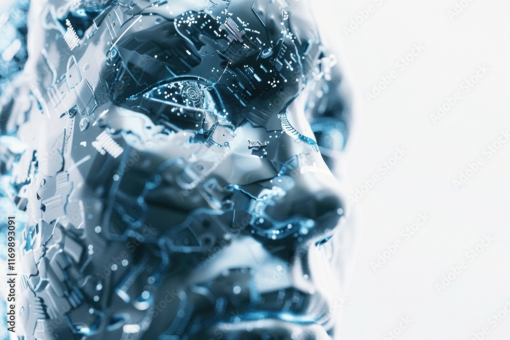 Poster 3d rendering of a human face transformed into digital circuitry.