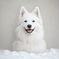 Majestic White Samoyed Dog with Bright Smile in Snowy Background