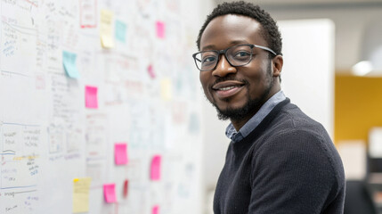smiling man in sweater stands beside wall covered with colorful sticky notes, showcasing his ideas and creativity in collaborative workspace
